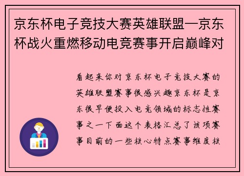京东杯电子竞技大赛英雄联盟—京东杯战火重燃移动电竞赛事开启巅峰对决